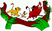 Simba, Timon and Pumba from Disney’s movie The Lion King are walking across a log.